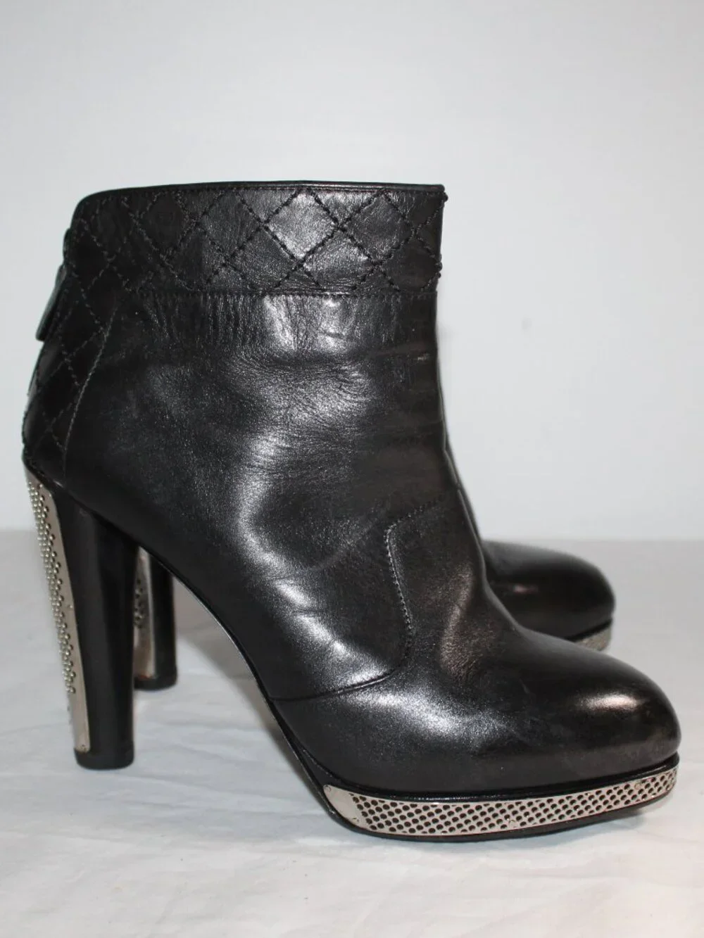 Chanel CC Logo Black Leather Metal Grille Platform Heeled Booties Pumps Boots 41